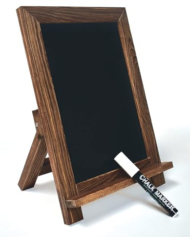 Better Office Products Framed Tabletop Chalkboard Sign, 9.5 x 14, Rustic Wood Frame, Small Magnetic Chalkboard, Built-in Ledge and Folding Stand, One White Chalk Marker Included,(Rustic Brown)