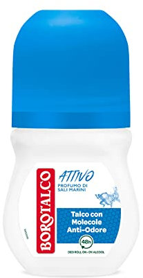 Borotalco, Deodorante Roll On Attivo Blu, Formula Senza Alcool e con Talco con Molecole Anti-Odore, Efficacia Fresca, 48h di Efficacia, Profumo di Sali Marini - 1 Flacone da 50 ml