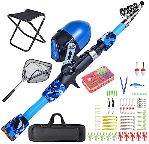 Lixada Combinación de carretes y cañas de pescar para niños con taburete plegable, red de aterrizaje, caña de pescar telescópica, caja de aparejos, accesorios para niños y niñas