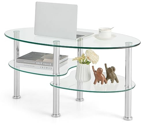 GOPLUS Table Basse en Verre Trempé à 3 Niveaux, Ovale, pour Le Salon, Bureau, Hôtel, Cadre Robuste en Métal et Pieds Antidérapants 89,5 x 50 x 45 CM