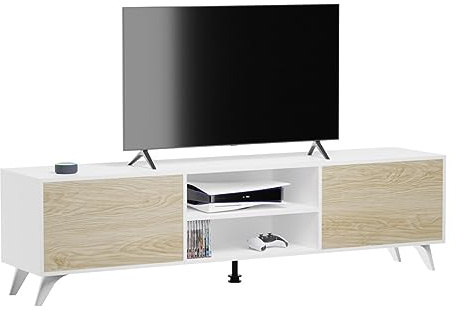 Somnia Descanso Mueble de TV de Diseño Nórdico, 2 Compartimentos de Almacenamiento y 2 Puertas, Apto para Televisores de hasta 77 Pulgadas, Color Blanco-Roble