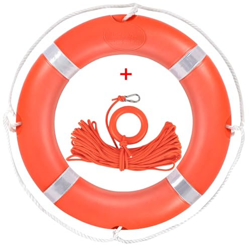 Life Preserver Ring, 23 Inch Life Ring Boat Safety Throw Rings Orange, Pool Life Ring with Rope 98.5 FT Water Floating Lifesaving Rope and Reflective Tape for Boat