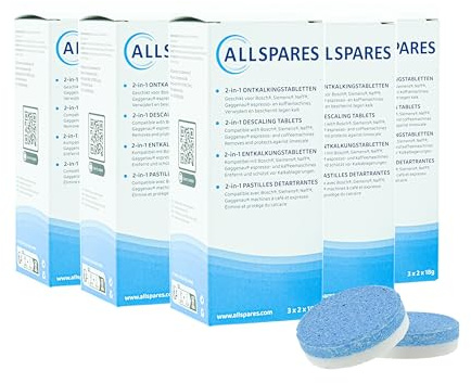 AllSpares 2-i-1 avkalkningstabletter (48 x 18 gr flikar) för kaffemaskiner lämpliga för Bosch 311821/311975/TCZ8002/och Siemens Neff Gaggenau 00311975/TZ80002