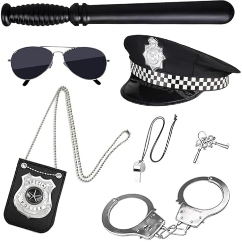 KBIBCK 6 Stück Polizei Zubehör Set, Handschellen Kinder Polizei Set mit Handschellen Abzeichen Sonnenbrille Schlagstock, Polizei Kostüm Zubehör für Cosplay