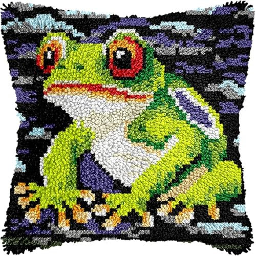 Taxpy Knüpfteppich Zum Selber Knüpf-Setsmit Kissen knüpfen-Set Frosch 43x43cm Kissenbezug-Set für Erwachsene Latch Hook Kit Heimaccessoire, Wandkunst