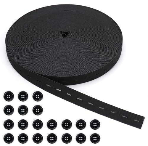 AIDUCHO 1 Rolle Elastisches Gummiband Nähen, 20mm x 30m Gummiband Breit, Gummiband Schwarz mit 20 Knöpfen, Gummiband mit Knopflöchern, Elastisches Band für Hosenrock Stirnband Nähen Stricken