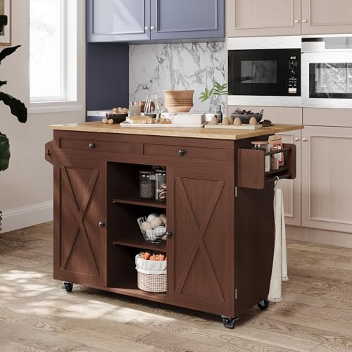 HOLTICO Isola Cucina Pieghevole con Ruote Bloccabili, Carrello Cucina Multifunzione con Piano Ribaltabile e Armadio di Stoccaggio, Arredo Salvaspazio per Cucina e Sala da Pranzo, Marrone Caffè