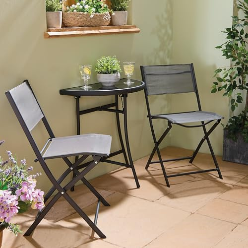 Coopers of Stortford - Folding Half Bistro Set - Space-Saving Garden Furniture - Half-Moon Table & 2 Foldaway Chairs - Sturdy Steel with Glass Top - Ideal for Balconies & Small Gardens
