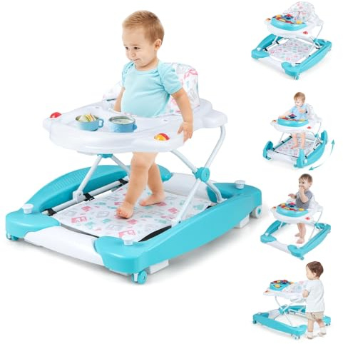 LIFEZEAL 6 in 1 Lauflernhilfe, Babywalker Spiel- und Lauflernwagen zusammenklappbar mit abnehmbarem Musik-Tablett, Laufstuhl Laufhilfe babys ab 7 Monaten (Blau-grün)