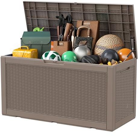 Vidacharmy - Large Garden Storage Box 380L / 100 Gallon, Colour Brown and Wood Effect, Water-Resistant Plastic Outdoor Locker with Lockable Lid for Furniture Cushions, Logs, Tools, PP Resin Material