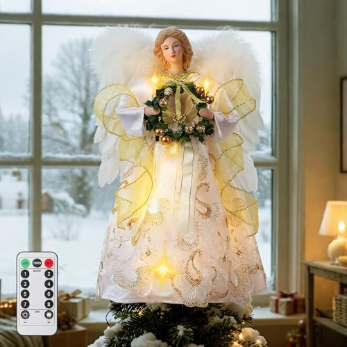 Lomffy Ange pour Sapin de Noël, 12,6 Pouces Topper d'arbre De Noël Ange avec 8 Modes D'éclairage Illuminé Ange De Noel pour Sapin avec Une Aile en Plumes Blanches, Télécommande et Alimentation USB (A)