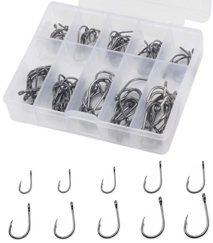 GNALIA Hameçons - 100 Pièces Noirs Avec Barbilles 10 Tailles (3-12), Acier Carbone Pour Pêche Carpe Et Poisson, Boîte Plastique Incluse