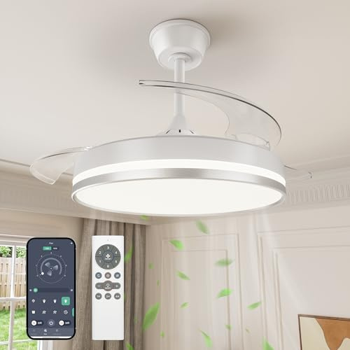 VOLISUN Ventilador de Techo con Luz aspas Retráctiles, Ultra-Silencioso Motor DC, CCT 3000-4000-6000K, Mando a Distancia - 50W Lámpara de Techo con Ventilador Moderno（(Blanco, 106cm)