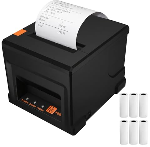 Imprimante thermique 300 mm par seconde, imprimante de reçus POS de 80 mm avec 6 rouleaux de papier d'impression, imprimante thermique USB & BT avec tiroir de caisse automatique pour Windows/Mac/Linux