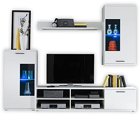 Stella Trading FRONTAL Wohnwand Komplett-Set in Weiß matt - Moderne Schrankwand mit blauer LED-Beleuchtung für Ihr Wohnzimmer - 230 x 185 x 38 cm (B/H/T)