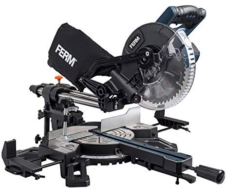 FERM Scie à onglet radiale 1500W, Ø210mm – inclinable, sûre et stable - lame de scie TCT 48 dents, supports latéraux et connexion aspirateur inclus