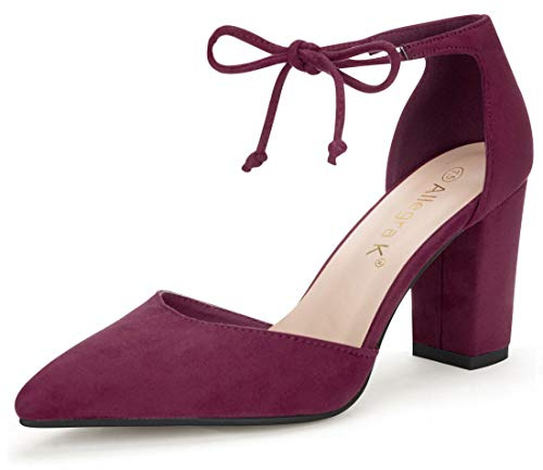 Allegra K Zapatos De Tacón Grueso De Vestir Punta Puntiaguda Corbata De Tobillo para Mujer borgoña 37