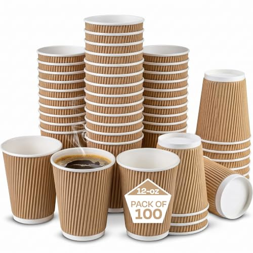 We Can Source It Ltd - 100 x 12oz Ripple Brown Kraft Paper Cups - Strong 3-PLY Disposable Insulated Coffee Cups - Leak-Proof Recyclable Drinking Cups for Hot Drinks, Tea, Coffee and Beverages