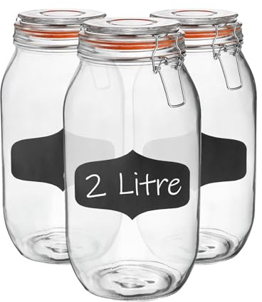 Argon Tableware Glass Jars with Airtight Metal Clip Lid & Chalkboard Stickers - 2000ml/70.3oz - 3 Pack - 4 Colour Seals - Preserving Storage Jar for Pickling, Chutney, Jam, Coffee, Biscuit