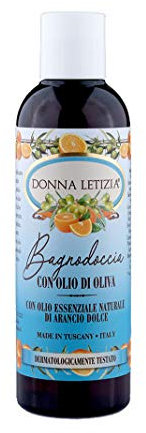 DONNA LETIZIA Bagnodoccia con Olio D’Oliva. Profumato con Olio Essenziale Naturale di Arancio Dolce. Bagnoschiuma per Donna, Uomo e Bambini. Dermatologicamente Testato 200ml Made in Tuscany