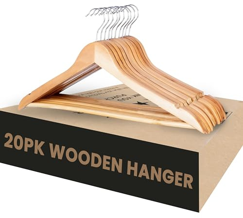Aspect Wooden Coat Hangers, Smooth Finish Natural Wood Coat Hanger with Non Slip Pants Bar for Wardrobe Space Saver, 360° Swivel Hook and Precisely Cut Notches for Jacket, Dress & Clothes (Pack of 20)