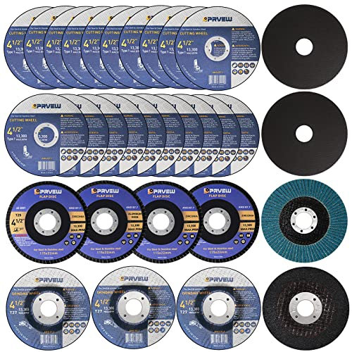 PRVEW Lot de 27 meules à tronçonner de 11,4 cm : 20 pièces de meule, 4 disques à lamelles, 3 disques de meulage ; kit de meuleuse d'angle de 11,4 cm avec arbre de 2,2 cm pour métaux et acier