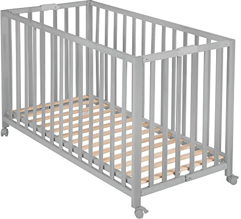 roba Klappbett Fold Up 60 x 120 - Klappbares Babybett aus Holz - 2-fach höhenverstellbar - Platzsparendes Gitterbett auf Rollen - Taupe