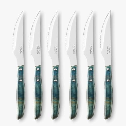 Arcos Forest Series – 6 st kotletter knivsats – NITRUM 110 mm rostfritt stålblad – sågad kant – komprimerat trähandtag – blå färg