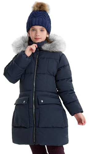 maoo garden Manteau d'hiver Bouffant pour Filles Parka de Neige Épaisse Doublure en Fourrure Duveteuse Capuche Veste Résistante à l'eau Marine 164