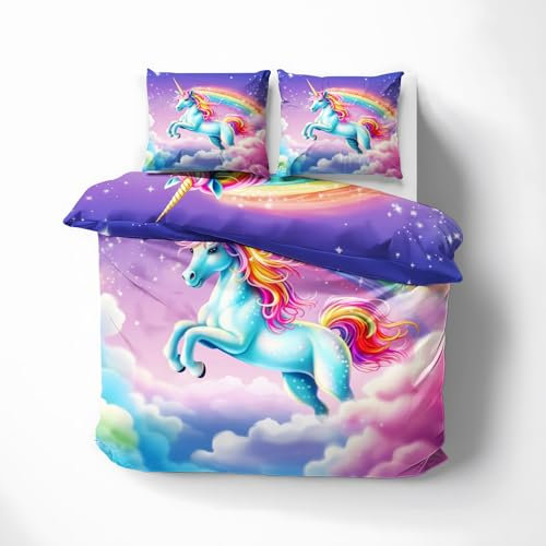 WQIZXCW Regenbogen Einhorn Bettwäsche 135x200 - Rainbow Unicorn Motiv, Weiche und Angenehme Microfaser Bettbezug Set 2 Teilig, 1 Kissenbezug 80x80, mit Reißverschluss, Wendebettwäsche & Zimmer Deko