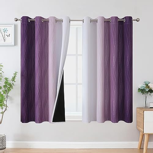 VEHEDE Blackout Noise Reducing Eyelet Curtains for Bedroom, Ombre Energy Saving Wave Printed Curtains for Living Room Small Window, W52 x L54 Inch, Purple and Greyish White, 2 Panels