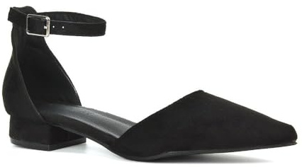 Women's Low Heel Point Toe Ankle Strap Court Shoes Ladies Black Faux Suede Wedding Dress Flat Pumps Size 5