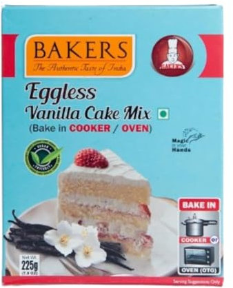 Bakers Eggless Vanilla Cake Mix, Suitable Bake in Cooker Oven 225g (Pack Of 1)