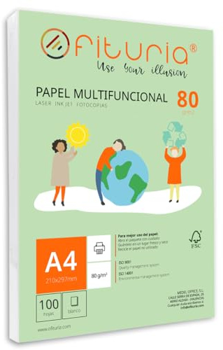 Packung mit 100 weißen DIN A4 Blättern, 80g Druckerpapier. Multifunktionales Kopierpapier für Schule und Büro. Ideal für Laserdrucker, Tintenstrahldrucker oder Kopierer – Ofituria