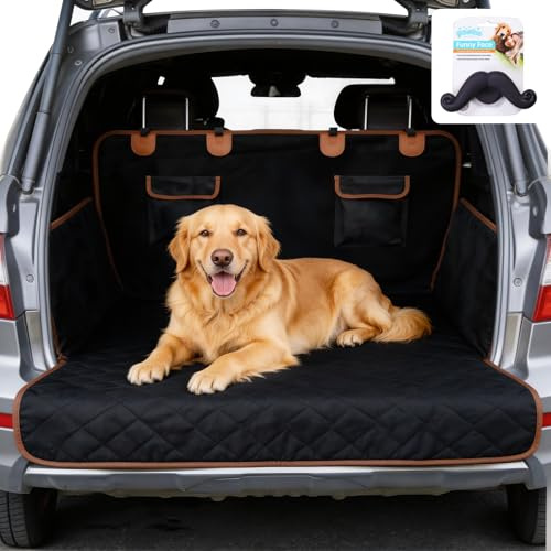 PAWISE Heavy Duty SUV Cargo Liner for Dogs, Waterproof Pet Trunk Cover with Side Barriers, Non-Slip Protector for SUV Back Seat, Car Trunk & Cargo, Bonus Squeaky Dog Bone Toy Included