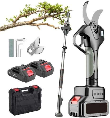 AUTUMFLATGAO Tijeras De Podar Eléctricas De 50mm, Tijeras Eléctricas Portátiles Tijeras De Podar Inalámbricas con Pértiga Telescópica / 2 Baterías, para Setos, Arbustos Y Huertos