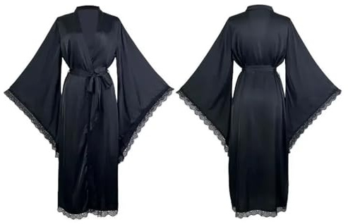 LIZHAYG Bata Saten Mujer Bata Larga de Novia for Boda, Elegante Ropa de Dormir for Mujer, de Manga Larga, con Encaje, Estilo Kimono, Ropa de Estar por casa, Suave, de rayón Blanco.(Black,M)