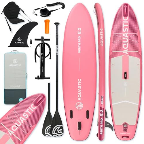 AQUASTIC Perth Pro 11'2 SUP Board Set – Komplettset mit 2in1 Paddel, Kajaksitz, Leash 300 cm, Pumpe, Rucksack, Drop Stitch Lite, 165 kg, 340x86 cm, für Anfänger & Fortgeschrittene