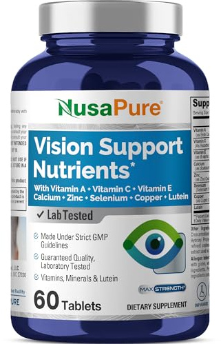 NusaPure Vision Support Nutrients with Vitamin A, C, E, Calcium, Zinc, Selenium, Copper, Lutein 60 Tablets Non-GMO Dietary Supplement
