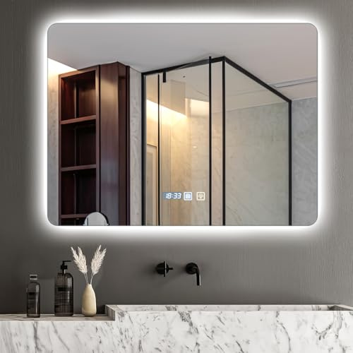 Viugreum Espejo Baño con Luz LED Regulable en 3 Colores, Cuadrado 80 * 60cm Luz de Baño Espejo de Pared con Interruptor Táctil, Función Antivaho, Ajuste de Brillo, Espejos LED Retroiluminado