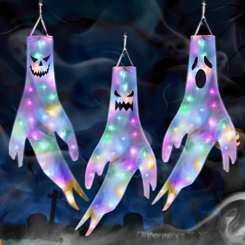 Aitsite Lot de 3 manches à air fantômes à suspendre avec lumières LED, décoration extérieure et intérieure pour jardin, cour, terrasse, fête d'Halloween