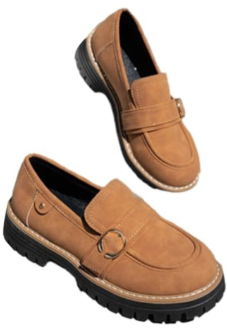 Scarpe da donna comode in stile britannico retrò, senza lacci, suola in gomma antiscivolo, con tacco grosso, mocassini da donna casual per passeggiate, Marrone, 40.5 EU