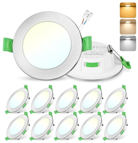 GeyouLux Set med 10 Inbyggda LED-spots 68mm, 7W Extra Platta Takspots 2700K/4000K/6500K Justerbar, Variabel Intensitet 10-100% IP44 LED-spot för Badrum LED för Vardagsrum Kök, Rund Nickel