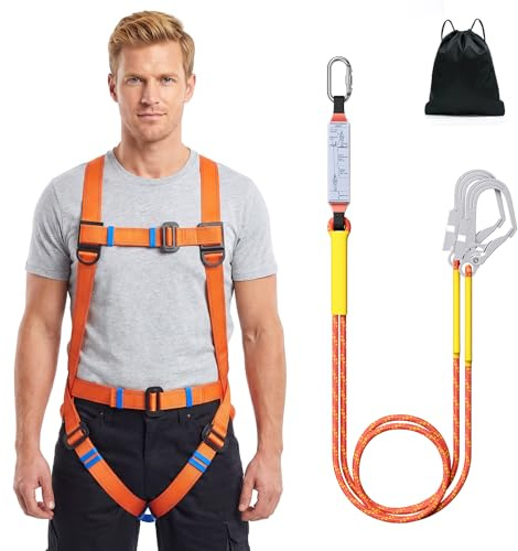 Safety Harness for Working at Height, Safety Harness with Lanyard, Full Body Fall Safety Arrest Protection Kit With 2 Hook and 2m Lanyard, Adjustable Waist Belt, Load-Bearing 100KG/220lb (Amber)