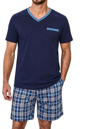 Litherday Pyjama Homme Court Coton Ensembles de Pyjama Homme Été à Col V et Short à Carreaux Vêtements de Nuit Décontracté Vêtements de Détente Doux