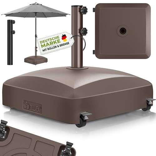 tillvex® Base de sombrilla PAVERA con Ruedas y Frenos | Soporte de lastre rellenable 37L / 56kg | Pie para Parasol y sombrilla de Mercado Ø 1,8-3,7m | Resistente a la Intemperie y UV (Marrón)