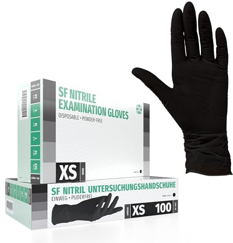 SF Guantes de nitrilo XS negros – 100 unidades, guantes desechables sin polvo, sin látex, médicos y de examen, aptos para cocina, limpieza, cosmética y uso doméstico