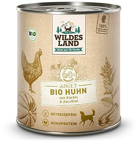 Wildes Land – våtfoder för hundar – ekologisk kyckling – 6 x 800 g – spannmålsfri – extra hög köttinnehåll på 60 % – 100 % certifierade ekologiska ingredienser – bästa acceptans och kompatibilitet
