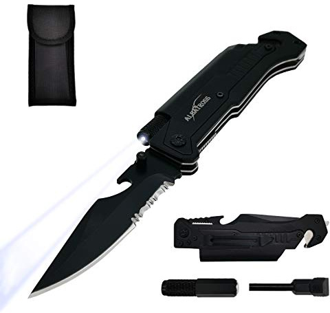 ALBATROSS 6-in-1 Survival Tactical Military Folding Pocket Knife, Black
