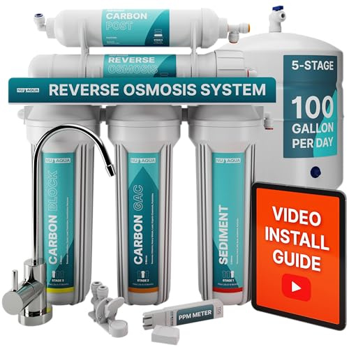 NU Aqua 5-Stage Under Sink Reverse Osmosis Water Filter System - 100 GPD RO Filtration w/Faucet & Tank - PPM Meter - 100GPD Undersink - Home & Kitchen Drinking Water